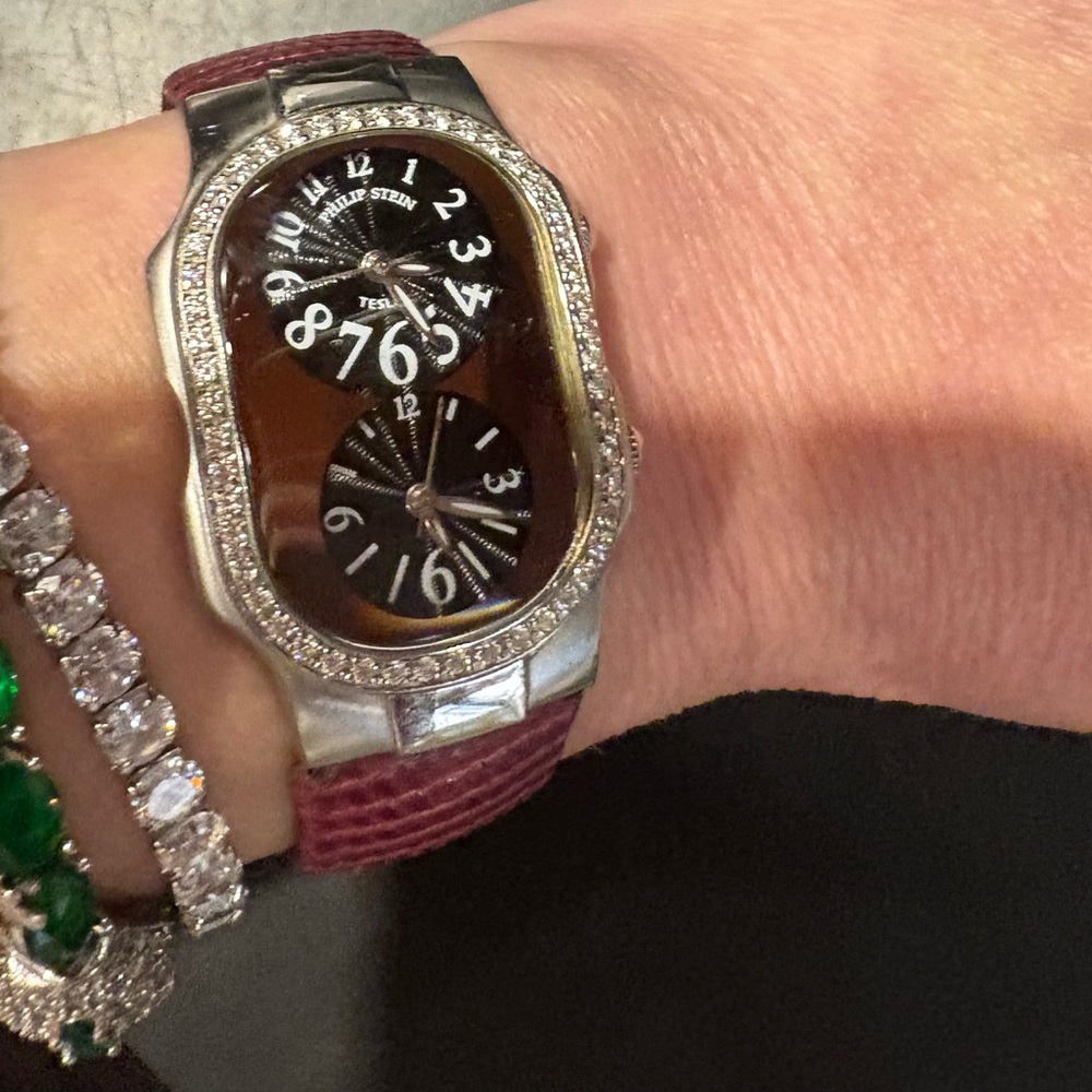 Stainless Steel Watch with Burgundy Strap